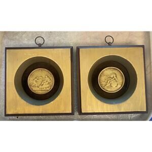 2 Vintage Alice C Fenner Chalkware Relief Art Wall Plaques Classical Medals 6.5"